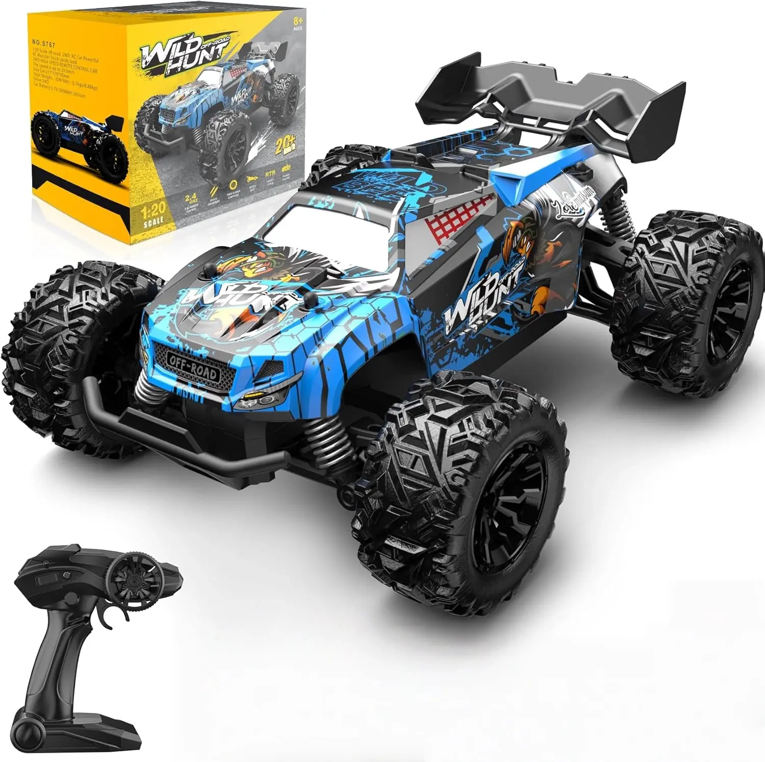 RC Cars Monster Remote Control Car 2.4GHz 2WD Power Dragon RC Truck 20 KM/H All-Terrain RC Monster Truck, 2 Batteries for 40mins Car Toys Gift for Beginner