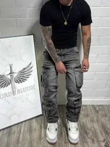 Men's Slim-Fitting Jeans, Handmade Self-Cultivation Workwear Pants, Multi-Pocket Skinny Cargo Pants, Street Style, Streetwear, All Seasons