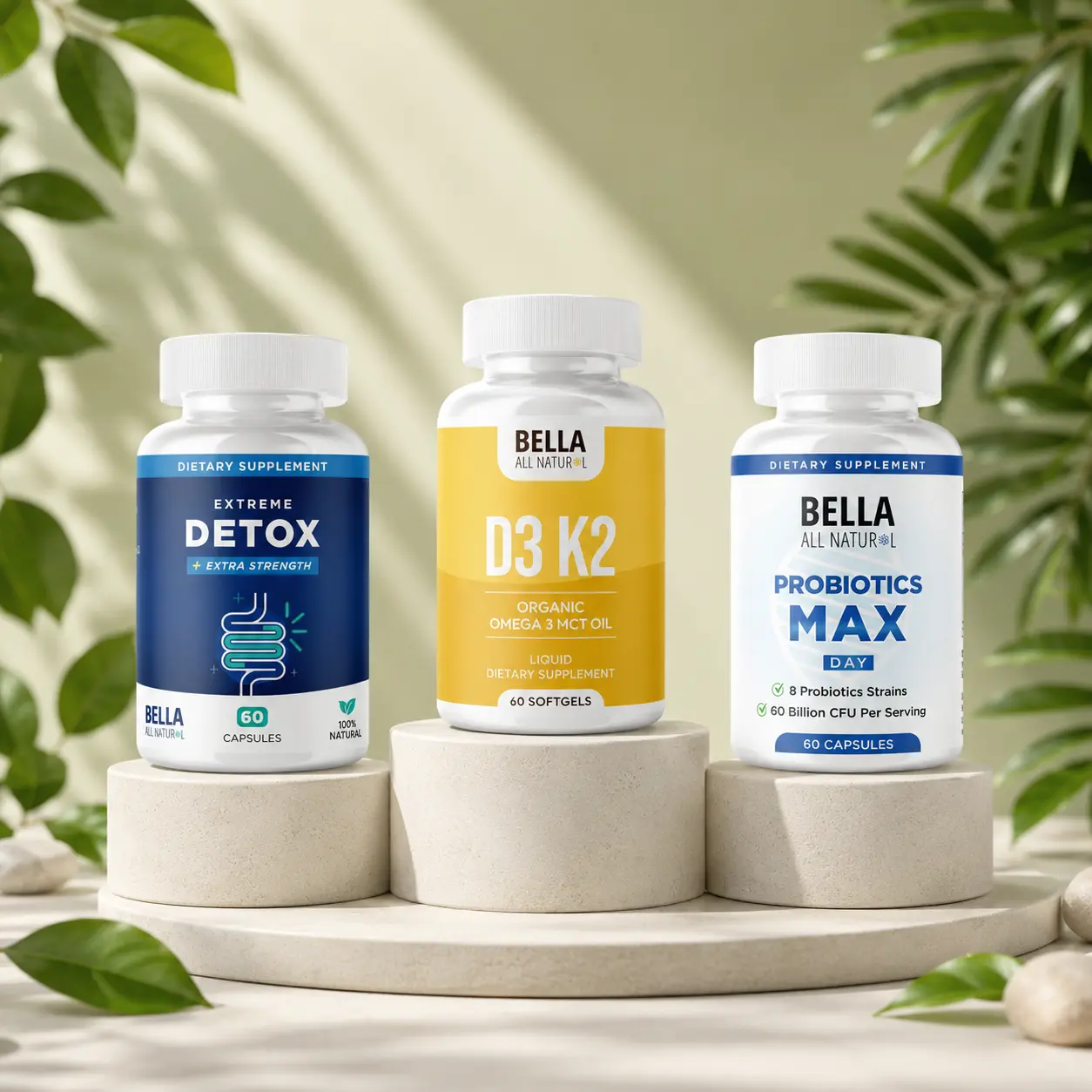 Bella All Natural Gut Balance Capsule Bundle: Extreme Detox Capsules + D3 K2 Softgels + Probiotics Max Day