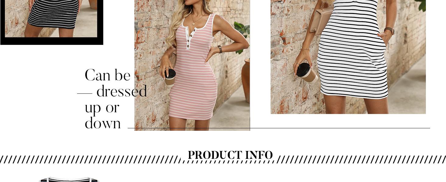 YORA Women's Square Neck Sleeveless Striped Henley Casual Basic Summer Tunic Bodycon Mini Dresses with Pockets