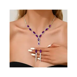 Stylish 3pcs Purple Crystal Jewelry Set, Leaf Tassel Necklace & Earrings for Weddings & Parties