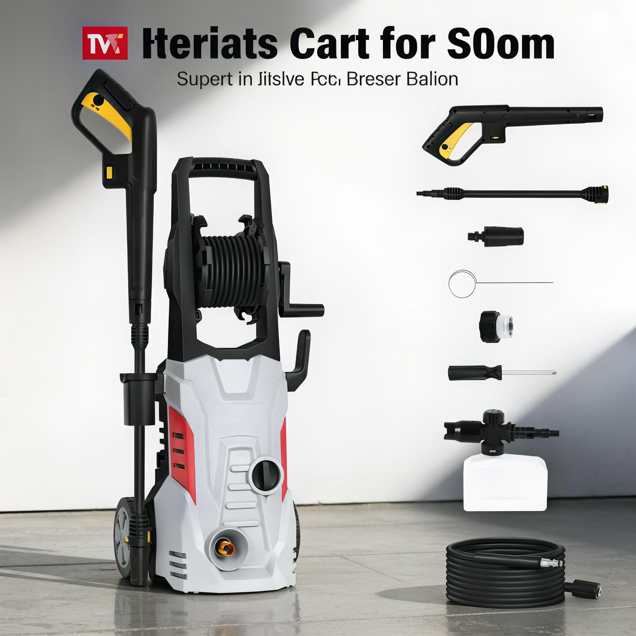 Electric high-pressure washer with adjustable spray nozzles and a hose reel, suitable for cleaning cars, yards, and fences; portable model compliant with U.S. standards.