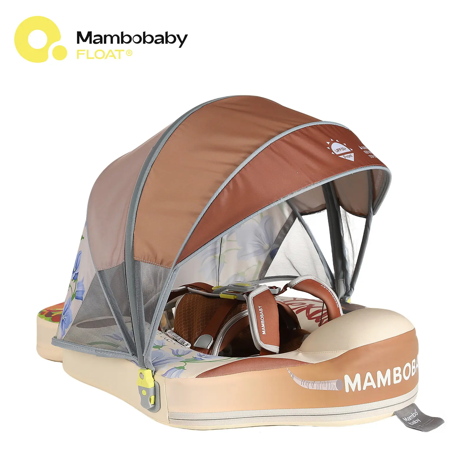 Mambobaby Texas-Themed Non-Inflatable Baby Swim Float with Detachable Canopy, UPF 50+ Sun Protection, 5-Point Safety System, for Babies 3-24 Months