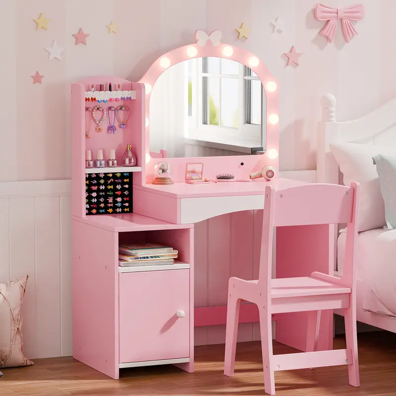 Kids Vanity Set with Lighted Mirror and Stool, Kids Make Up Vanity Desk  with Storage Space, Wing Pattern for Little Girls, Toddler Princess Makeup  Dressing Table with Chair Set - TikTok Shop