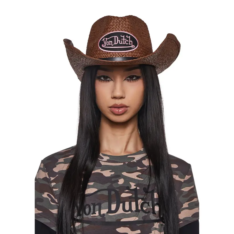 Von Dutch Black Straw Cowboy Hat with Brown Logo Patch Von Dutch Black Straw Cowboy Hat | Pacsun main image 3