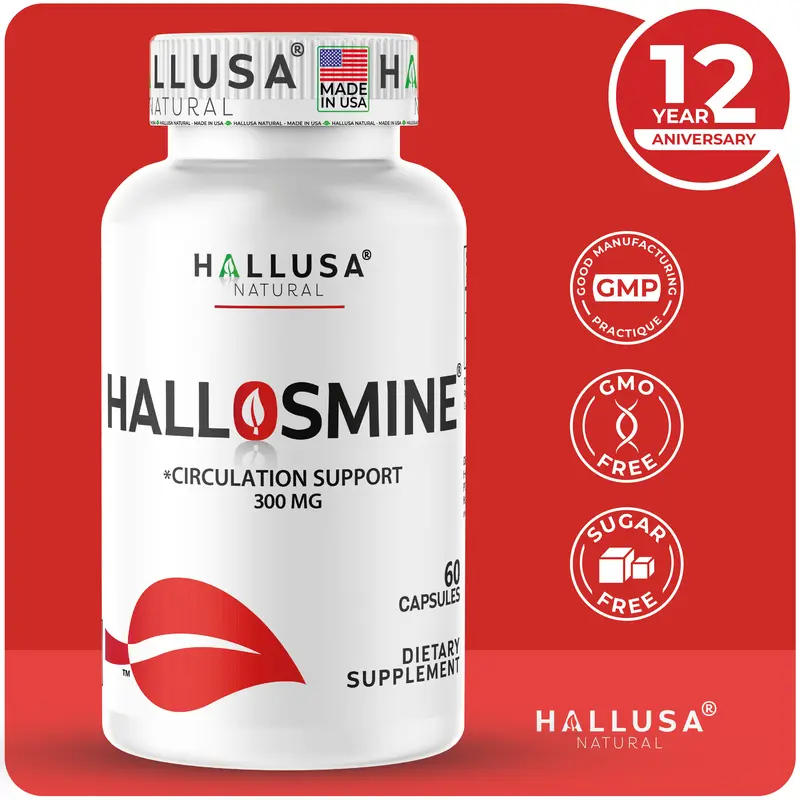 HALLUSA Natural Hallosmine 300mg 90% Diosmin Circulation Supplement, 60 Capsules, Organic, Gluten-GMO-Sugar-Free, Supports Healthy Circulation & Vein Health, Made in USA Dietary Supplement, 90% Diosmine, Natural Herbs Lifestyle