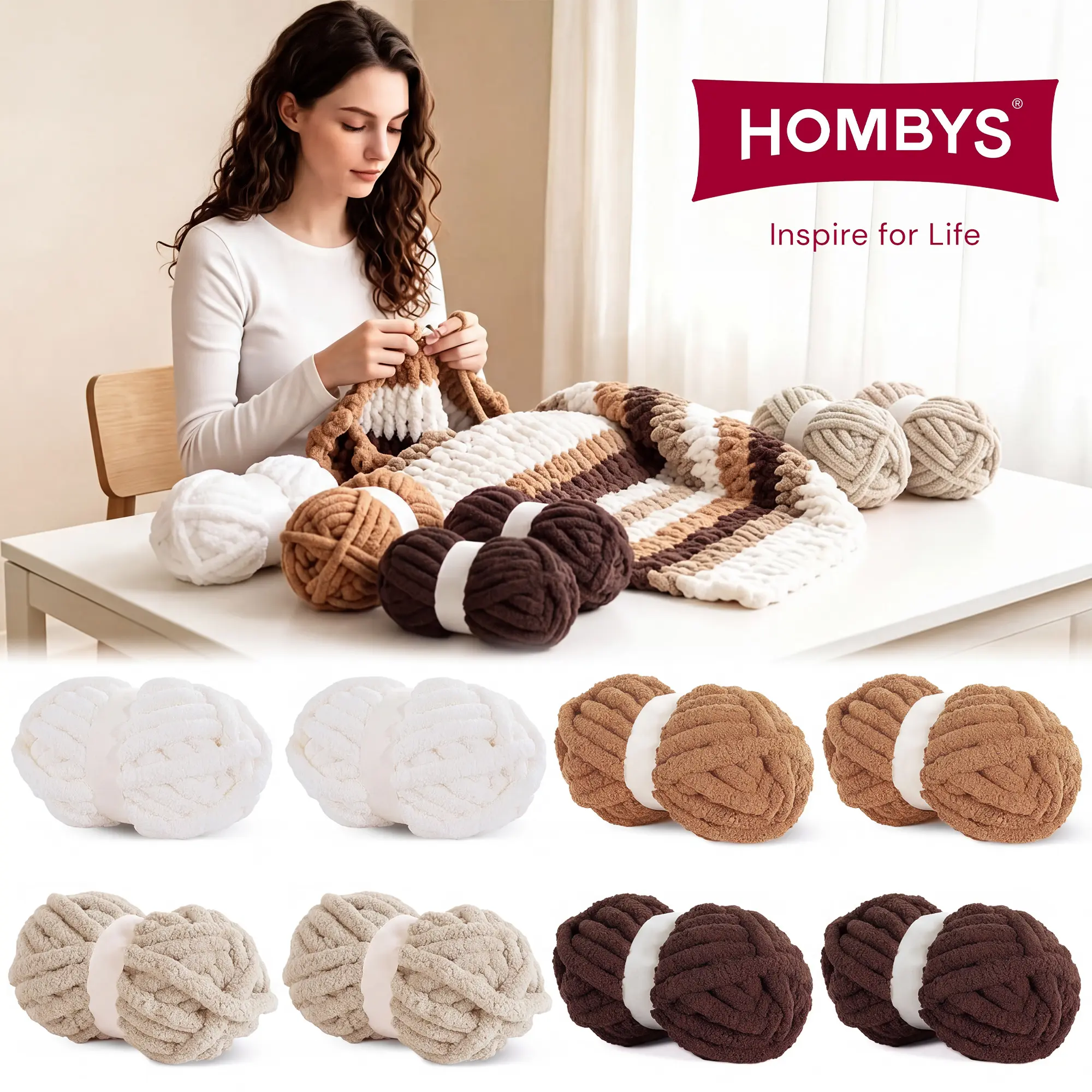 Hombys 8 Jumbo Pack Chunky Chenille Yarn for Crocheting & Knitting, Super Bulky Thick Fluffy Yarn，Suitable for DIY crafting(27yds Each, 8 oz) -- crochet hook knit stocking plush