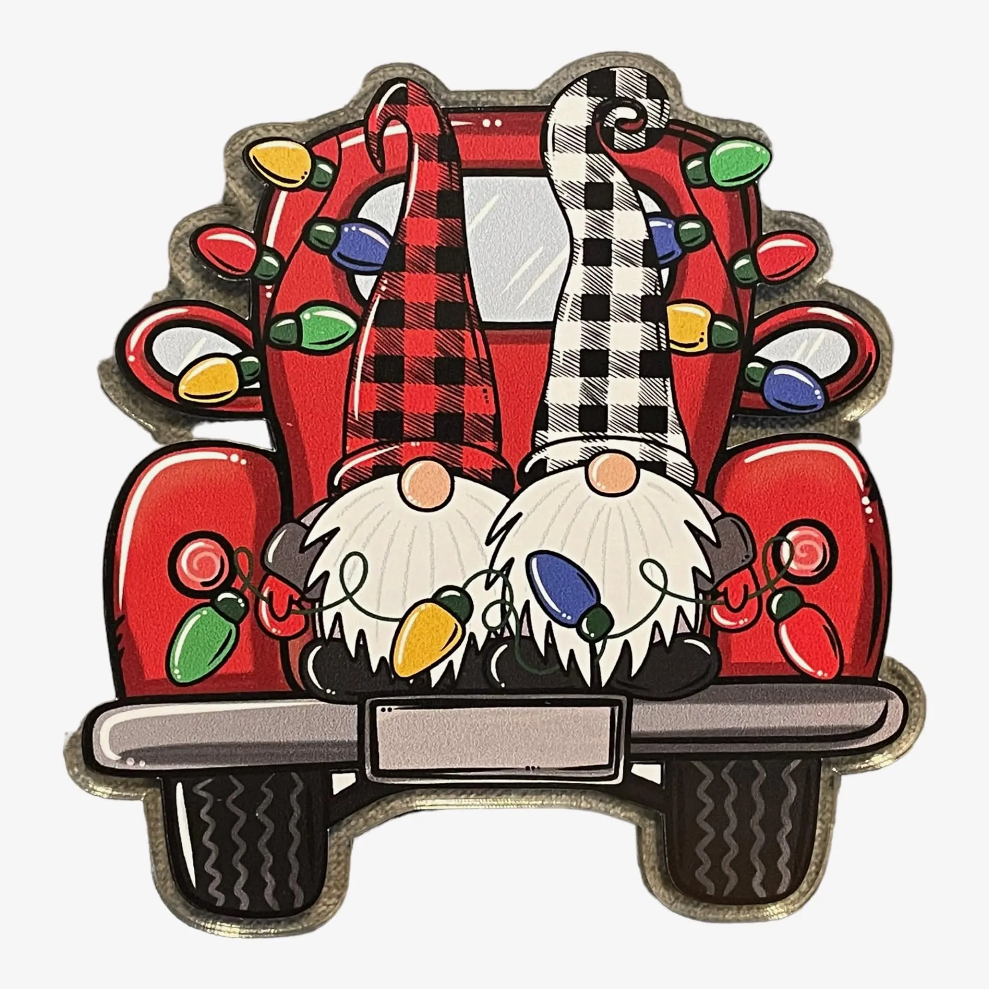 Gnome Christmas Ornament Personalized Christmas Truck with Lights Clear Glazed Acrylic Decoration 2.5 Inches Tall Custom Name Option