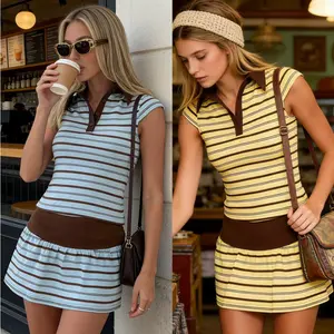 Women's Striped Two Piece Tennis Skirt Set - Sport & Daily Wear, Polo Collar & Ruffle Hem, Preppy Y2K Style for Golf,Fit Stretchy Outfit