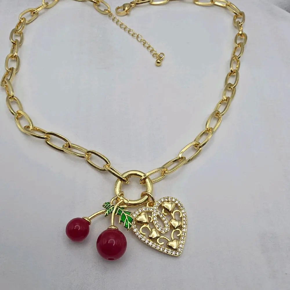 Love design Heart with cherries beautiful style GOLD-PLATED 15 to 17 inches shorter size 18k
