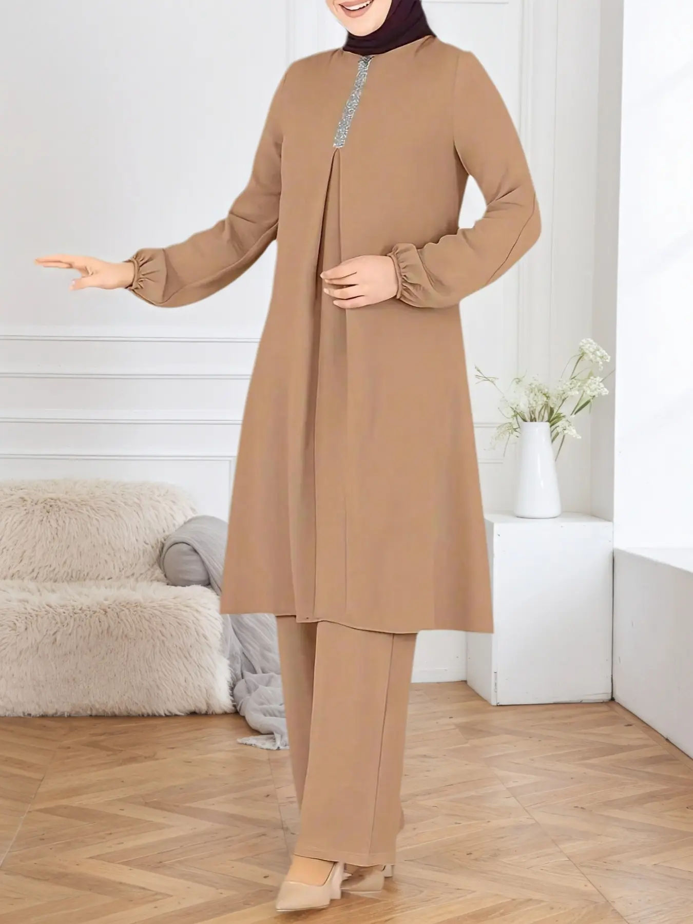 Women's Fashion Casual Elegant Solid Color Tunic Wide Leg Pants Two-Piece Set, Outfit Sets Women, Islamic Clothing Set, Long Sleeve Loose-Fitting, All Seasons, Modest Style, Modesty, Muslim Abaya Hijab Set