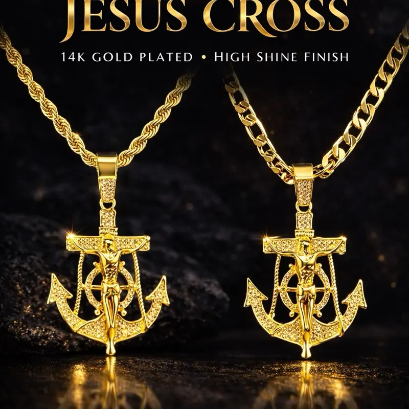 Ancla - 14K GP Jesus Christ Anchor Zircon Pendant 2" Necklace Rope Figaro Cuban Chain 22" 24" Fashion Luxury Religious Sailor Full Diamond Pendant