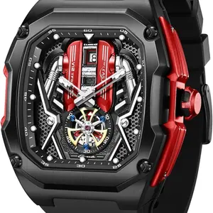 V12 Engine Design Men's Watch – 30ATM Waterproof, Big Face Quartz, Red & Black Sport Watch with Mechanical Dial and Durable Materials