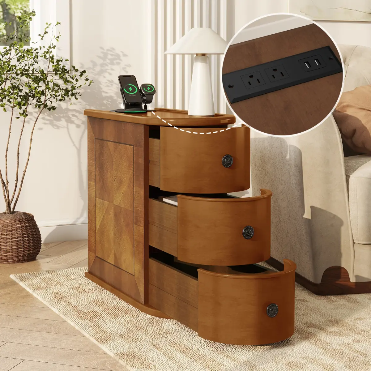 Narrow End Table with Charging Station, Wood Side Table with Drawers for Small Spaces, 3-Drawer Nightstand with Storage, Slim Bedside Cabinet for Living Room/Bedroom/Corner, Fully Assembled, Walnut