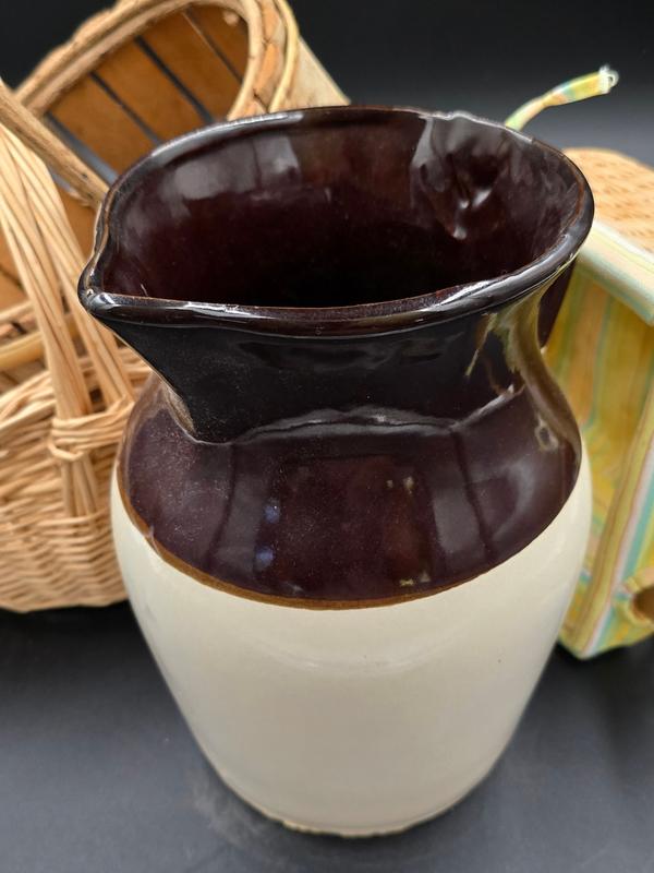 Rustic Farmhouse Pottery Jug Stoneware Pitcher with Classic Design for Home Decor Unique Brown and White Ceramic Vase Drinkware Vintage Style 11 x 8 Inches