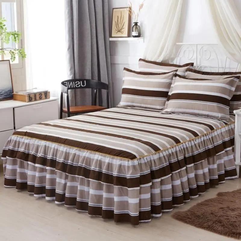 Striped Print Bed Skirt Set, 3 Counts/set Including 1 Count Ruffled Edge Bed Skirt & 2 Counts Pillowcase without Filler, Soft Breathable Bedding Set f