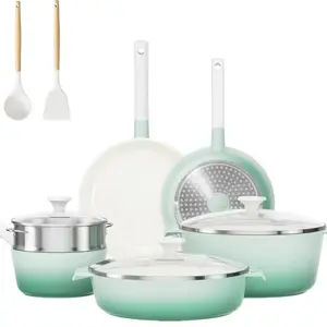 JEETEE Pot and Pan Sets 16pcs Nonstick Ceramic Cookware Set with Lid, PFOS & PFOA-Free, Includes 9.5 & 11 Inch Frying Pans, 2 QT Saucepan & 5 Reusable Pot Protectors - Silicone Grey