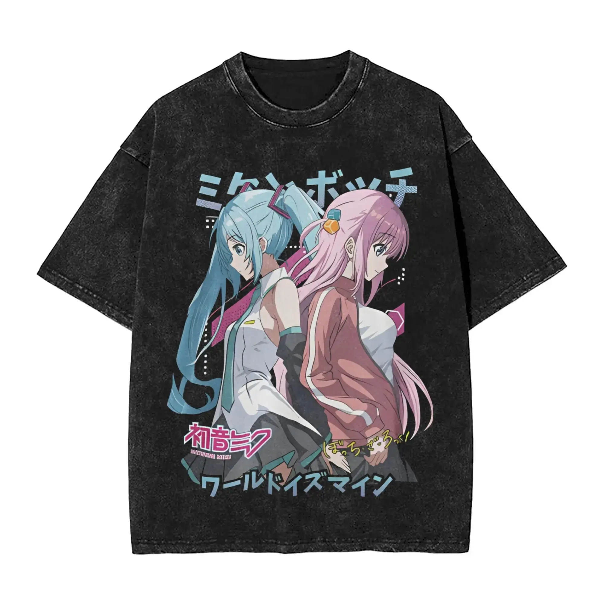 Vintage Acid Washed Heavy Cotton Oversized T-Shirt, Hatsune Miku & Bocchi The Rock Collab Japanese Vocaloid Anime Graphic Tee, Unisex Loose Pump Cover Casual Shirt Anime Fan Valentine Gift Y2K Kawaii Alt Grunge Outfit