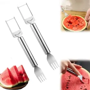 2 Counts Stainless Steel Watermelon Slicer & Fork Set, Dual-Head Fruit Cutter, Ergonomic Grip, Portable Kitchen Tool for Melons, Fruits, Party Entertaining