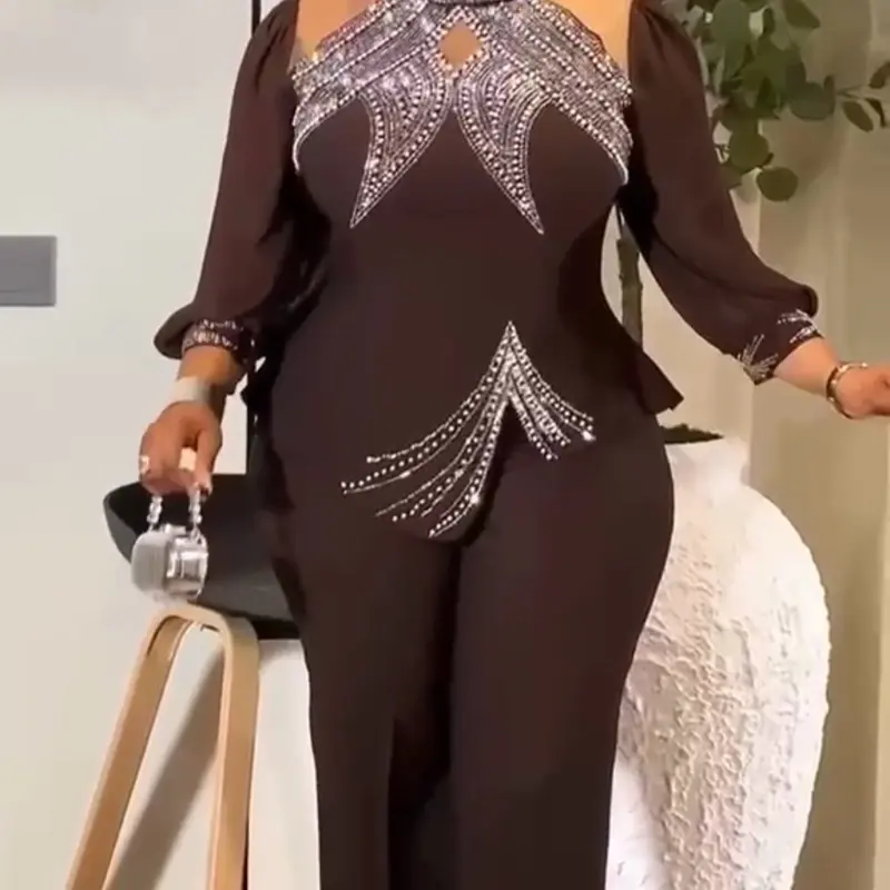 Women’s Rhinestone-Embellished Cold Shoulder Long-Sleeve 2-Piece Pants Set