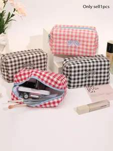 Cute Gingham Check Makeup Bag with Bow Embroidered, Cotton Cosmetic Pouch Large Capacity Travel Toiletry Bag for Women, Aesthetic Plaid Zipper Storage Organizer for Skincare Brushes