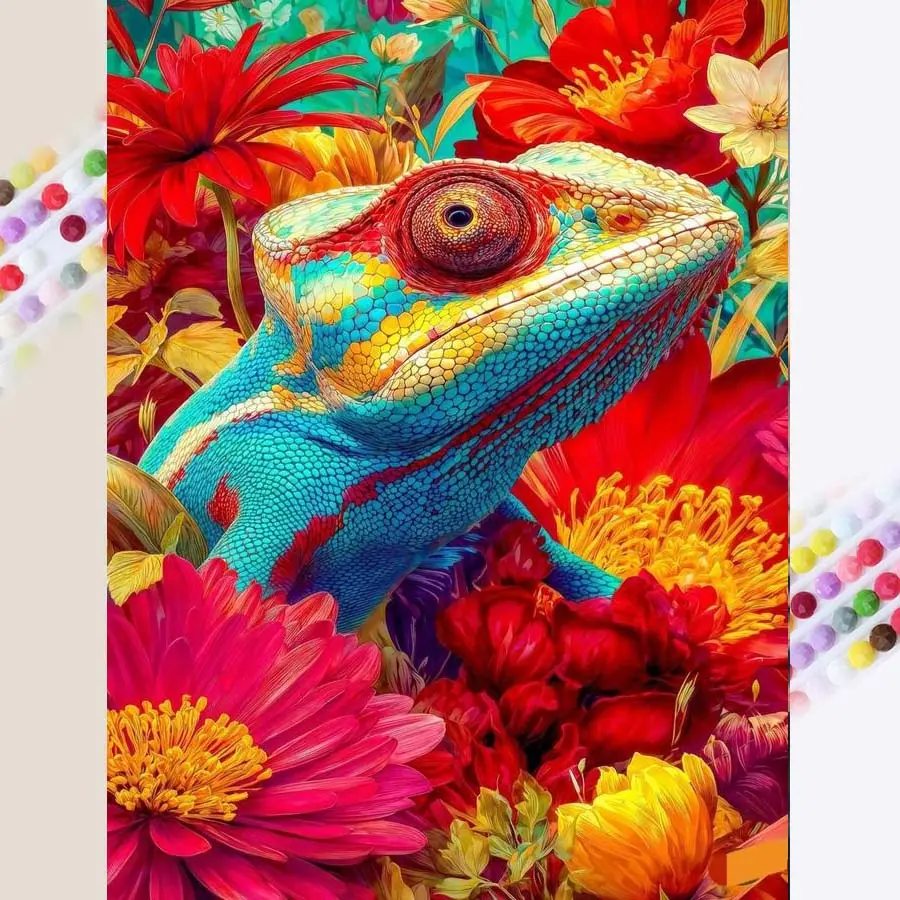 1 set of DIY diamond painting kit, 5D diamond art kit, DIY decoration chameleon, flowers, colorful. Mosaic, diamond art, DIY art home decor.