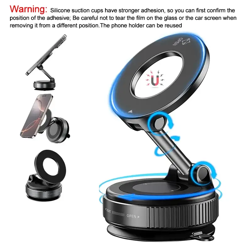 Magnetic Car Phone Holder, 360° Rotatable Car Phone Holder with Suction Cup, Retractable & Foldable Car Phone Mount for Kitchen & Bathroom, Stand