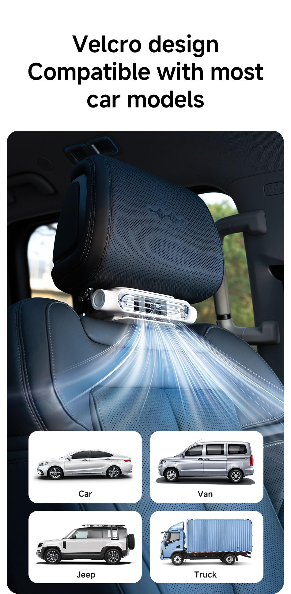 2026 Upgraded Car Fan, Mini Portable USB Cooling Fan for Driver & Passenger Seat, 3 Wind Speeds Quiet Backseat Headrest Neck Fan for Kids Baby, Universal Vehicle Accessories for Car Jeep Van RV Truck