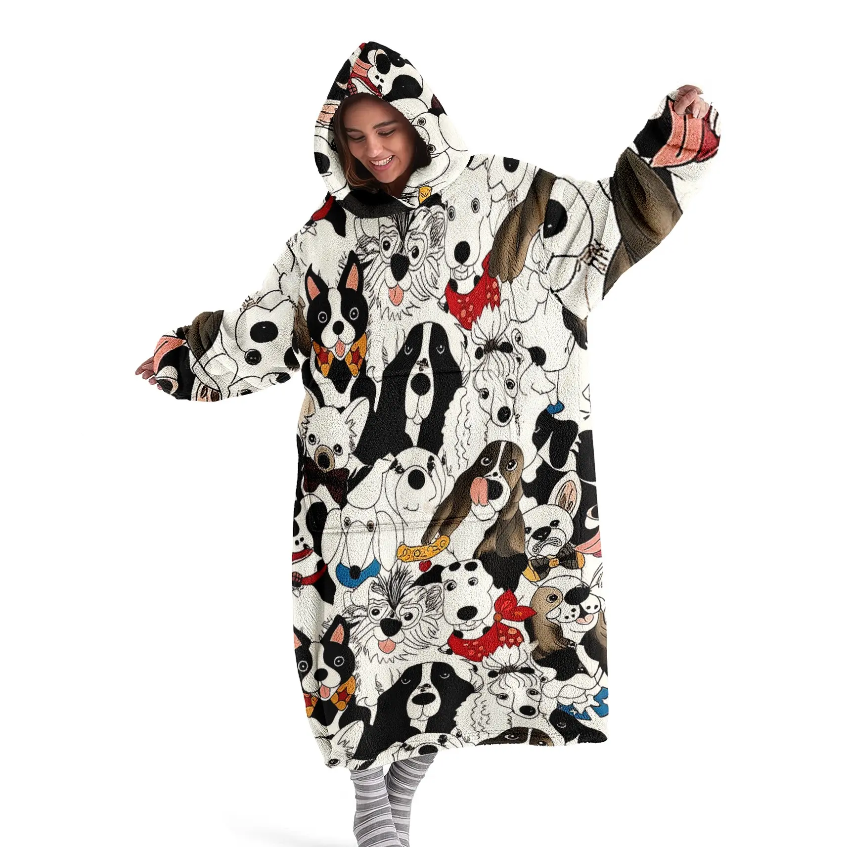 Hooded Blanket Wearable Dog Print Hoodie Blanket, Soft Warm Cozy Warming Flannel Blanket for Sofa Home Leisure Relaxation Air Conditioning Nap Office Use Bed Camping Travel Gift