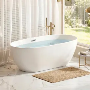 59" Freestanding Bathtub, 14.6 Inch Deep Soaking Tub with Integrated Overflow & Drain, cUPC Certified, Gloss White Acrylic Stand Alone Tub