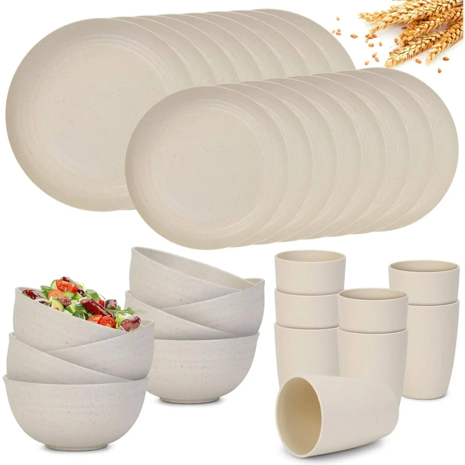 Premium Plastic Dinnerware Sets for 4 Unbreakable Wheat Straw Cups Plates and Bowls Microwave & Dishwasher Safe Kitchen Dish Set for RV Camping Picnic Dorm Beige Tableware Kit Cutlery - Tableware Sets Stock Up TikTokShopBlackFriday Christmas