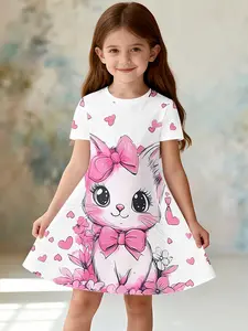 2026 Summer New Girls' Cute Cat Heart Print Short Sleeve Dress, Cartoon Cat A-Line Casual Dress, Sizes 110-160
