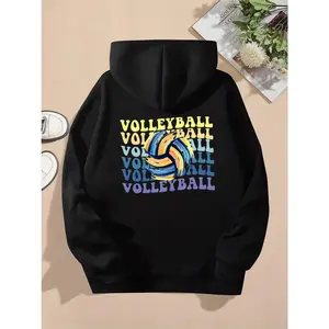 Volleyball Hoodie for Women Long Sleeve Graphic Print Hooded Game Day Mom Gift Soft Cotton Blend Team Spirit Design Womenswear Sweatshirts Tops Bridal Casual Black
