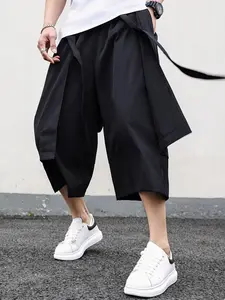 Menswear Plain Stylish Men's 7/8 Length Loose-Fit Dark Harajuku Harem Shorts, Lightweight Quick-Drying Capri Pants with Elastic Waist, Crotch Opening, Decorative Stripes, Suitable for Summer All Body Types