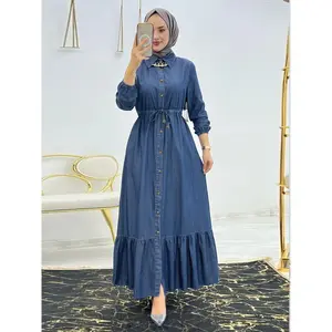 Ramadan Solid Button Front Kaftan, Casual Long Sleeve Ruffle Hem Dress Without Hijab, Women's Clothing