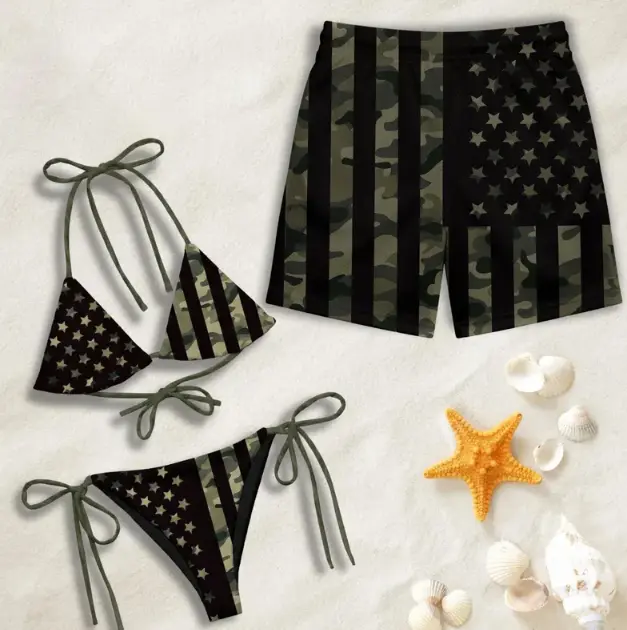 Couple's Matching American Flag Camouflage Swimwear Set - Women's Bikini, Men's Swim Trunks for Vacation