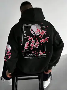 Men's Floral Print Graphic Drop Shoulder Long Sleeve Hoodie, Floral Hoodies Regular Fit Casual Drawstring Pocket Hooded Sweatshirt for Daily Holiday Outdoor Wear, Men Clothes Menswear for Fall & Winter