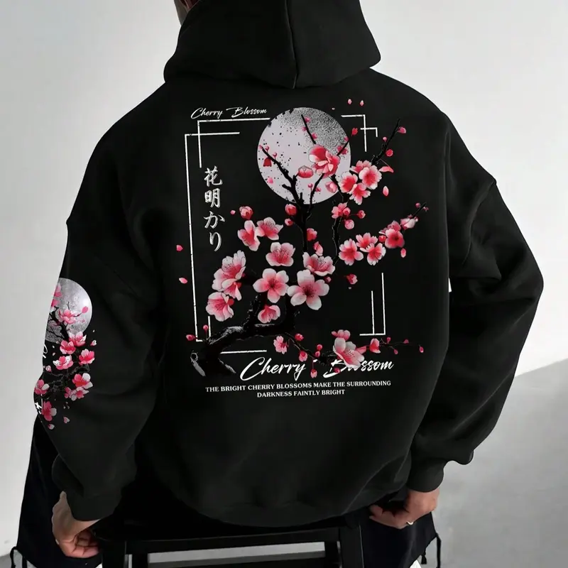 Men's Floral Print Drop Shoulder Hoodie, Regular Fit Drawstring Pocket Hooded Sweatshirt for Daily Holiday Outdoor Wear, Men Clothes for Fall & Winter, Casual Streetwear Hoodies