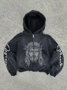 Men's Hooded Zipper Sweatshirt, Fall & Winter Casual Loose-Fit Cotton Pullover, Cartoon Jesus Graphic, Ideal Gift for Holidays