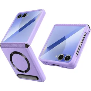 for Samsung Galaxy Z Flip 7 Case with Spring-Loaded Retractable Hinge Protection & Built-in Front Screen Protector & Kickstand, Magnetic Compatible with Magsafe.(Purple)