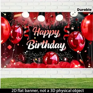1pc 2D Flat Red & Black Balloon Birthday Banner Backdrop with Happy Birthday Script - Durable Polyester Photography Background for Indoor/Outdoor Parties, Festivals, Theme Events - No Electricity Required, Birthday Party Decorations, Festive Celebration