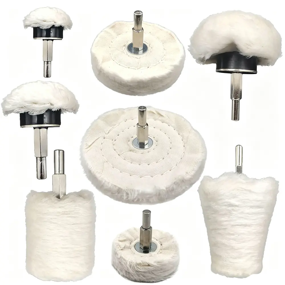 8PCS Polishing Pad Buffing Wheel Kit White Flannelette for Drill for Metal Aluminum Stainless Steel Chrome Wood Plastic Ceramic Glass Woods Fabric Cotton Machine Jewelry