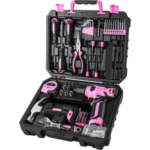 Cordless DEKOPRO 126-Piece Pink Household Tool Set with 8VCordless Drill, Rechargeable BatteryAll-in-One CompactTools kit, Perfect  Gift Ideal for Home Repairs &DIY Projects extractor house kit set autorepair durablestorage case powerful motor toolkit