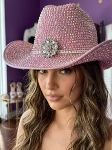 Cowboy Girl Hat Color Pink with Crystals and Rhinestone Brooch for Stylish Outfits