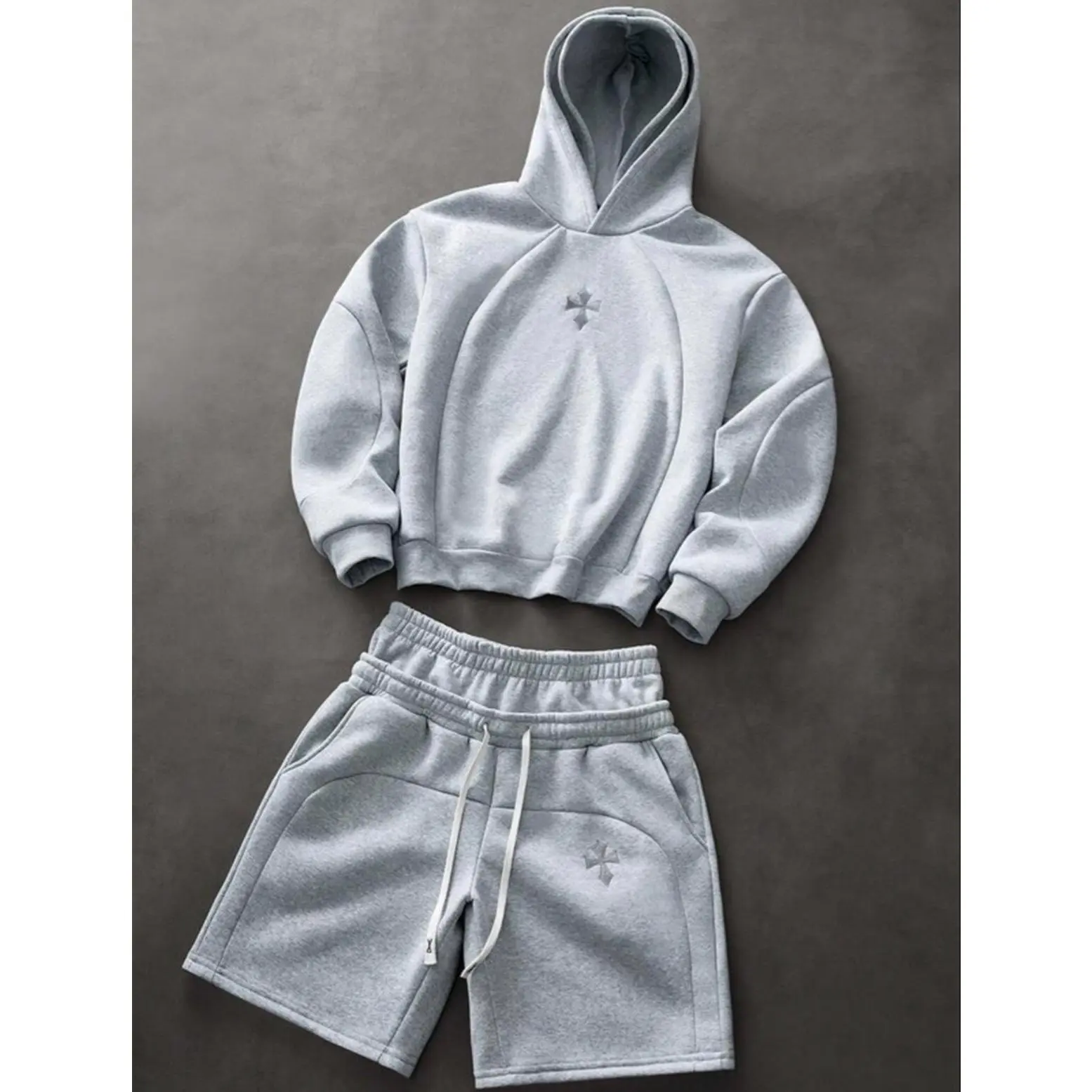 PAVTROS Men's Gray Streetwear 3D Embroidered Logo Patchwork Hoodie & Shorts Set Boyfriend Husband Anniversary Gift Sizes XS to XL