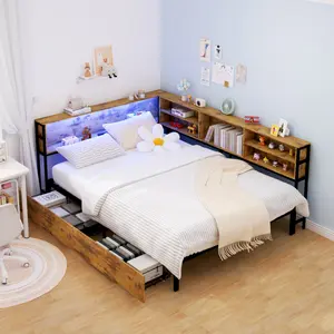 Full Size Daybed with Storage Drawers, Charging Station and LED Light, Corner Bed Frame with Storage Bookcase, No Box Spring Needed