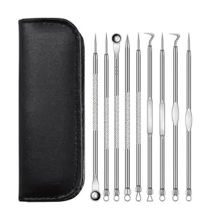 Professional Acne Stick and Blackhead Remover, Pore Remover Set, 9-In-1 Stainless Steel Facial Cleaning Tool, Home Facial Care, Removes Pimples, Closed Comedones, Keratosis Pilaris, All Skin Types