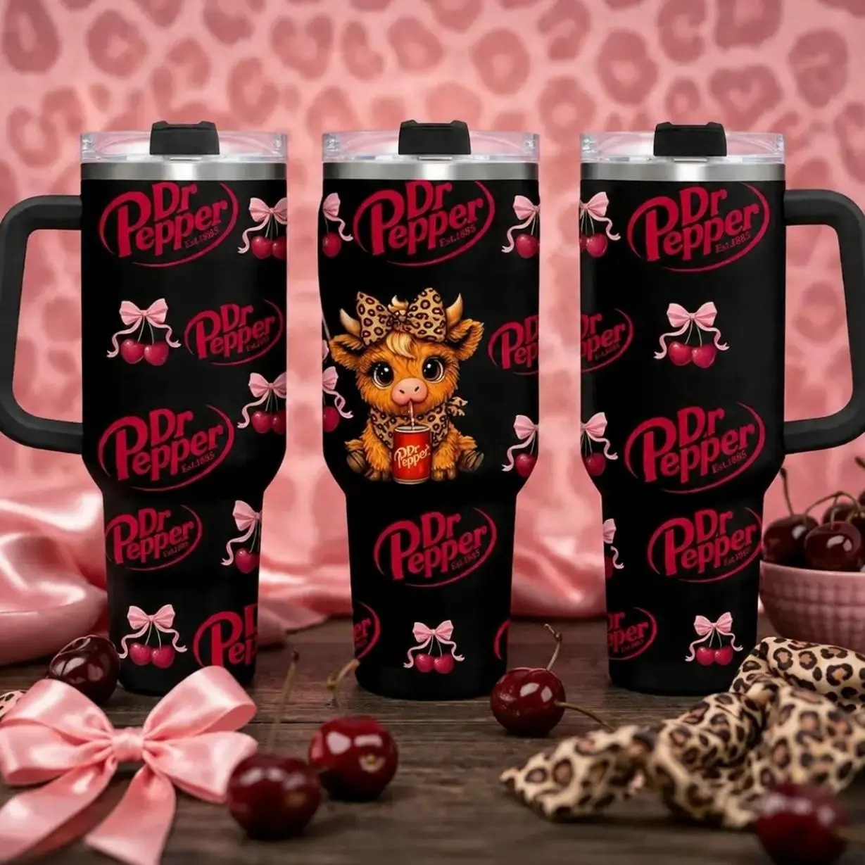 Dr Pepper Cute Cow Cherry 40oz Tumbler With Handle – Kawaii Animal Stainless Steel Cup, Red Aesthetic Girly Design