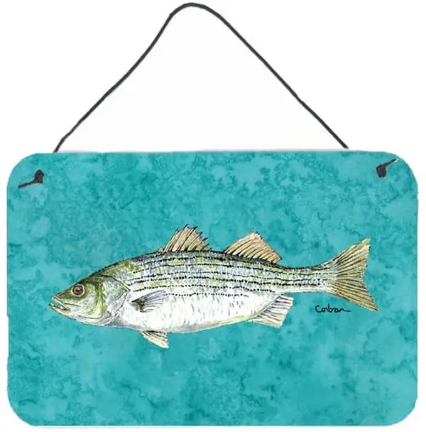 Carolines Treasures 8720DS812 Striped Bass Fish Aluminium Metal Wall/Door Hanging Print, 8x12 in., Home Decor Room Decor
