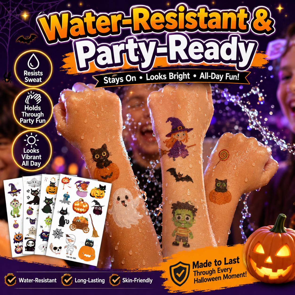 Luminous Halloween Cartoon Body Tattoo Decal Set, Long-lasting Water-resistant Holiday Stickers, Skin-friendly Temporary Decorations for Children Adults Halloween Dress-up, Birthday Party and Photo Shooting